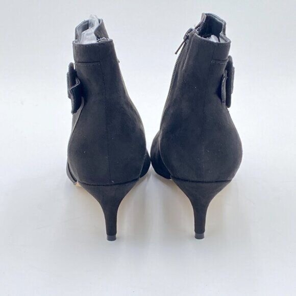Black Suede Women Pointed Toe Ankle Boots Low Heel Strappy Buckle Dress Shoes - Picture 4 of 5